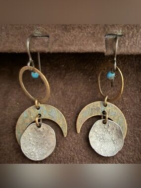 Handcrafted Gold-Tone Crescent & Disc Drop Earrings with Turquoise Accent